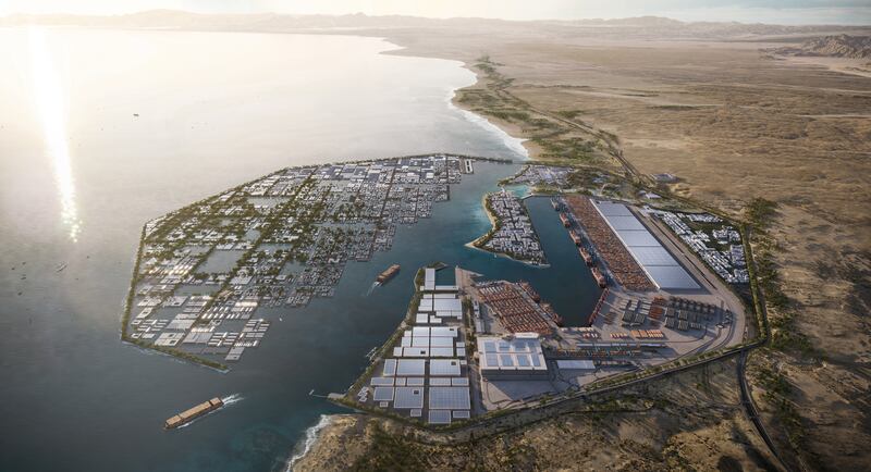 An artist's impression of the Oxagon port in Neom. The futuristic mega-city, once completed, will include ports, enterprise zones, research centres, sports and entertainment venues. Photo: Neom