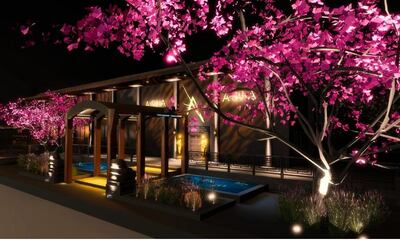 A rendering of the entrance of Asia Asia in Abu Dhabi, featuring cherry blossom trees. Courtesy Asia Asia