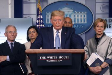 US President Donald Trump holds a news briefing on the coronavirus outbreak while accompanied by members of the coronavirus task force at the White House in Washington. Reuters