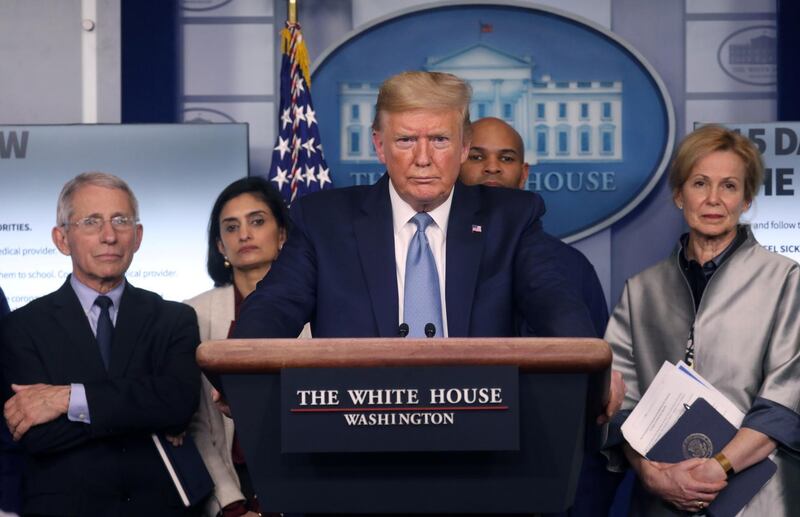 U.S. President Donald Trump holds a news briefing on the coronavirus outbreak while accompanied by members of the coronavirus (COVID-19) task force at the White House in Washington, U.S., March 16, 2020. REUTERS/Leah Millis