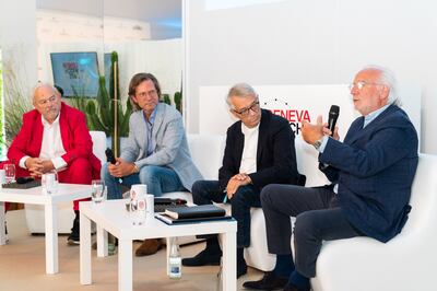 From left, the founders of Horopedia Philippe Dufour, Marc Andre, Helmut Crott and Andre Colard at Geneva Watch Days in August 2022. Photo: Horopedia