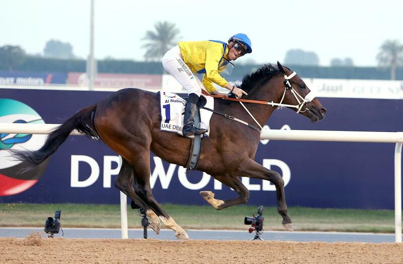 Mubtaahij, ridden by Christophe Soumillon, won the UAE Derby at the Meydan Racecourse in Dubai. ( Pawan Singh / The National