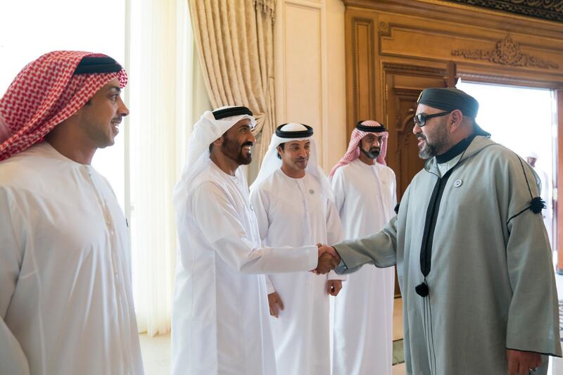 ABU DHABI, UNITED ARAB EMIRATES - September 10, 2018: HH Sheikh Nahyan Bin Zayed Al Nahyan, Chairman of the Board of Trustees of Zayed bin Sultan Al Nahyan Charitable and Humanitarian Foundation (2nd L), greets HM King Mohamed VI of Morocco (R), during a Sea Palace barza. Seen with HH Sheikh Mansour bin Zayed Al Nahyan, UAE Deputy Prime Minister and Minister of Presidential Affairs (L), HH Sheikh Hazza bin Zayed Al Nahyan, Vice Chairman of the Abu Dhabi Executive Council (3rd L) and HH Sheikh Ammar bin Humaid Al Nuaimi, Crown Prince of Ajman (4th L).

( Mohamed Al Hammadi / Crown Prince Court - Abu Dhabi )
---