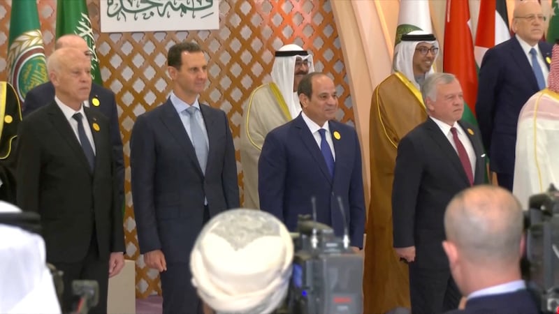 Syrian President Bashar Al Assad on Friday, with leaders including Sheikh Mansour bin Zayed, Vice President, Deputy Prime Minister and Minister of the Presidential Court, King Abdullah of Jordan, Egyptian President Abdel Fattah El Sisi and Tunisian President Kais Saied. Reuters