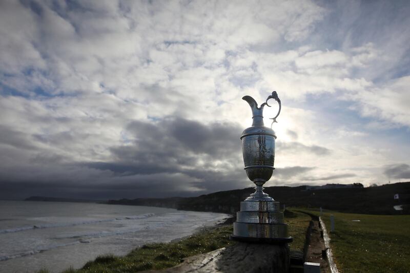 FILE - In this Tuesday April 2, 2019 file photo the Claret Jug is placed on display to the media at Royal Portrush, Dunluce course, Northern Ireland. The organizers of the British Open announced Monday April 6, 2020, that they have decided to cancel the event in 2020 due to the current Covid-19 pandemic and that the Championship will next be played at Royal St George's in 2021. (AP Photo/Peter Morrison, File)