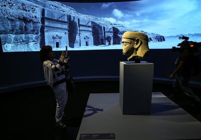 Abu Dhabi, U.A.E., November 7, 2018.  Roads of Arabia Exhibition at the Louvre Abu Dhabi. --  Head from a royal statue of the Lihyanite dynasty.
400-100 BCE
Saudi Arabia, Tayma
Sandstone
Tayma Museum
Victor Besa / The National
Section:  NA
Reporter:  John Dennehy