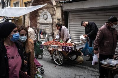 ISTANBUL, TURKEY - MARCH 22: People shop at a local street market on March 22, 2021 in Istanbul, Turkey. Turkey's Lira plummeted as much as 15% to hit 8.39 per US dollar in the first day of trading after Turkey's President Recep Tayyip Erdogan replaced Central Bank Governor Naci Agbal triggering fears of another currency crisis.  (Photo by Chris McGrath/Getty Images)