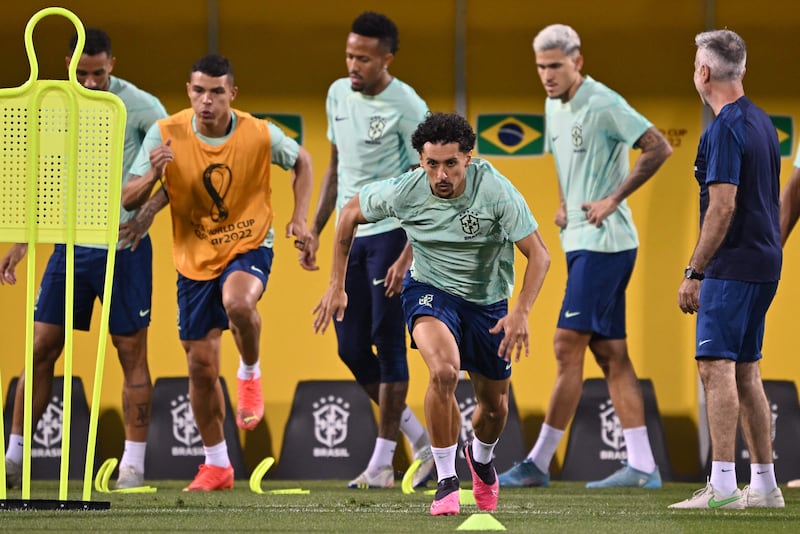 Defender Marquinhos, centre, and teammates take part in the training session. AFP