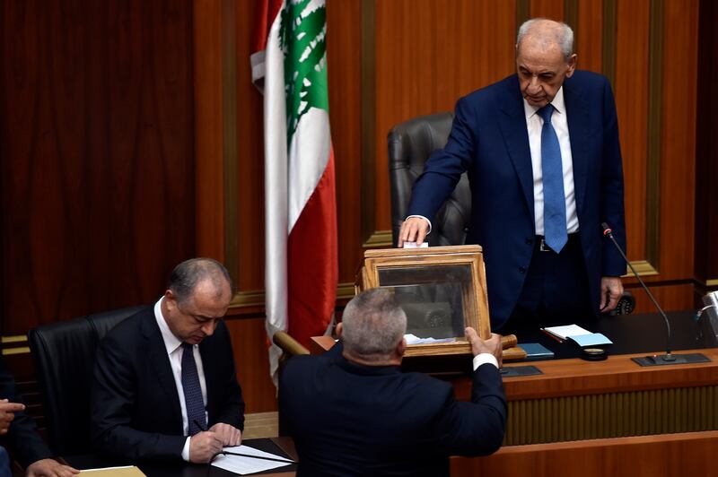 Lebanese Speaker Nabih Berri casts his vote during a session to elect a new president. EPA