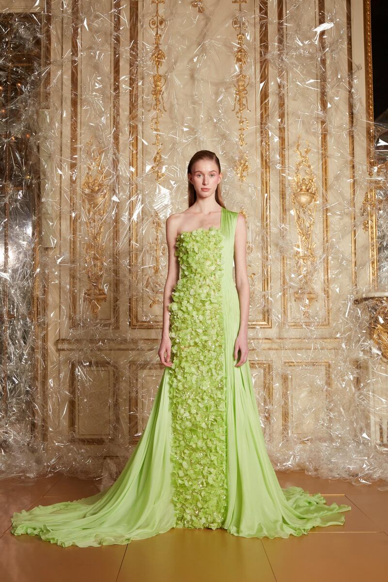 Lime green plisse folds covered in gossamer flowers