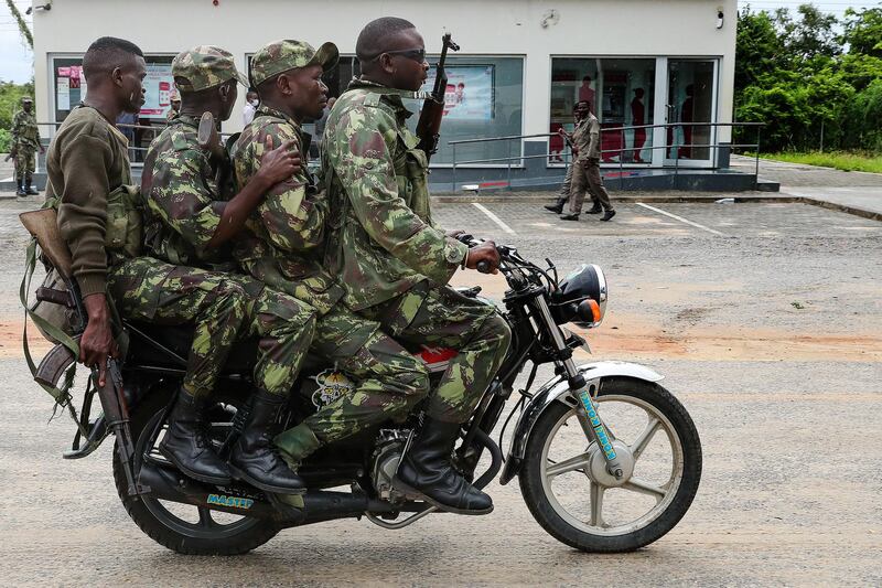 Soldiers patrol the streets of Palma, the village in Cabo Delgado, Mozambique, that was attacked by terrorists last month. EPA