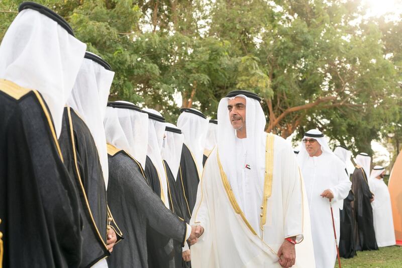 ABU DHABI, UNITED ARAB EMIRATES - November 27, 2018: HH Lt General Sheikh Saif bin Zayed Al Nahyan, UAE Deputy Prime Minister and Minister of Interior (R), greets a groom during a mass wedding reception for HH Sheikh Mohamed bin Khalifa bin Khaled Al Nahyan (not shown), at The Emirates Palace.

( Rashed Al Mansoori / Ministry of Presidential Affairs )
---