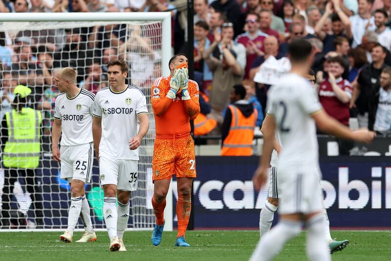 Leeds United goalkeeper Joel Robles with teammates during their 3-1 Premier League defeat to West Ham United at London Stadium on May 21, 2023. Getty