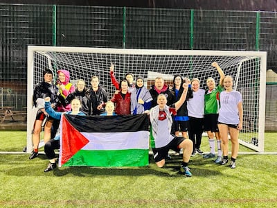 The Easton Cowgirls, an English women’s football team, meet Sana Al Omary, a football coach from Tubas, during her visit to Bradford on Avon in February. Photo: Bradford on Avon Friends of Palestine