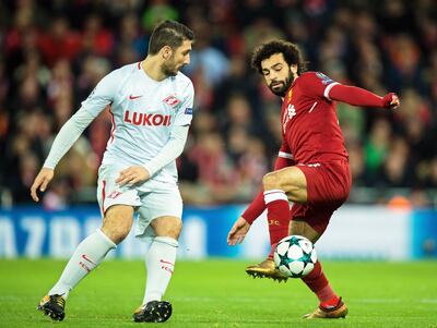 epaselect epa06372190 Spartak Moscow's Salvatore Bocchetti (L) in action against Liverpool's Mohamed Salah (R) during the UEFA Champions League group E soccer match between Liverpool FC and Spartak Moscow at Anfield in Liverpool, Britain, 06 December 2017.  EPA/PETER POWELL