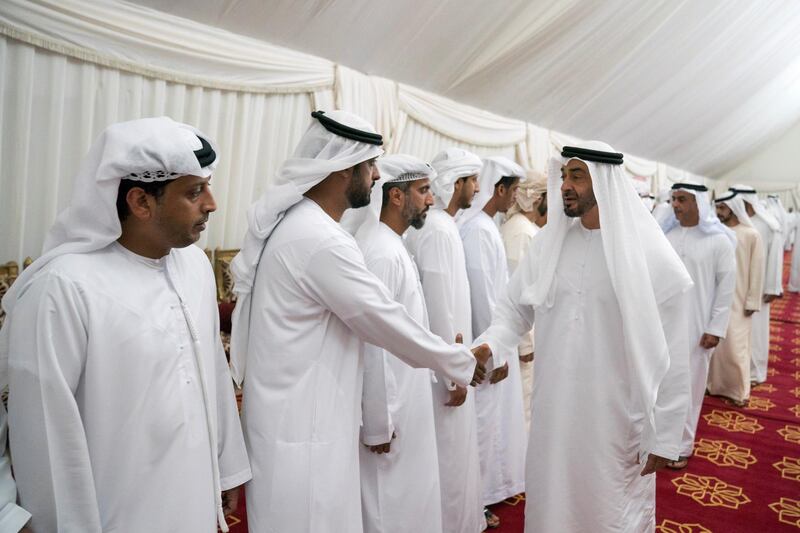 SHAWAMEKH, ABU DHABI, UNITED ARAB EMIRATES - September 15, 2019: HH Sheikh Mohamed bin Zayed Al Nahyan, Crown Prince of Abu Dhabi and Deputy Supreme Commander of the UAE Armed Forces (R), offers condolences for martyr Warrant Officer Zayed Musllam Suhail Al Amri.


( Hamad Al Kaabi / Ministry of Presidential Affairs )​
---