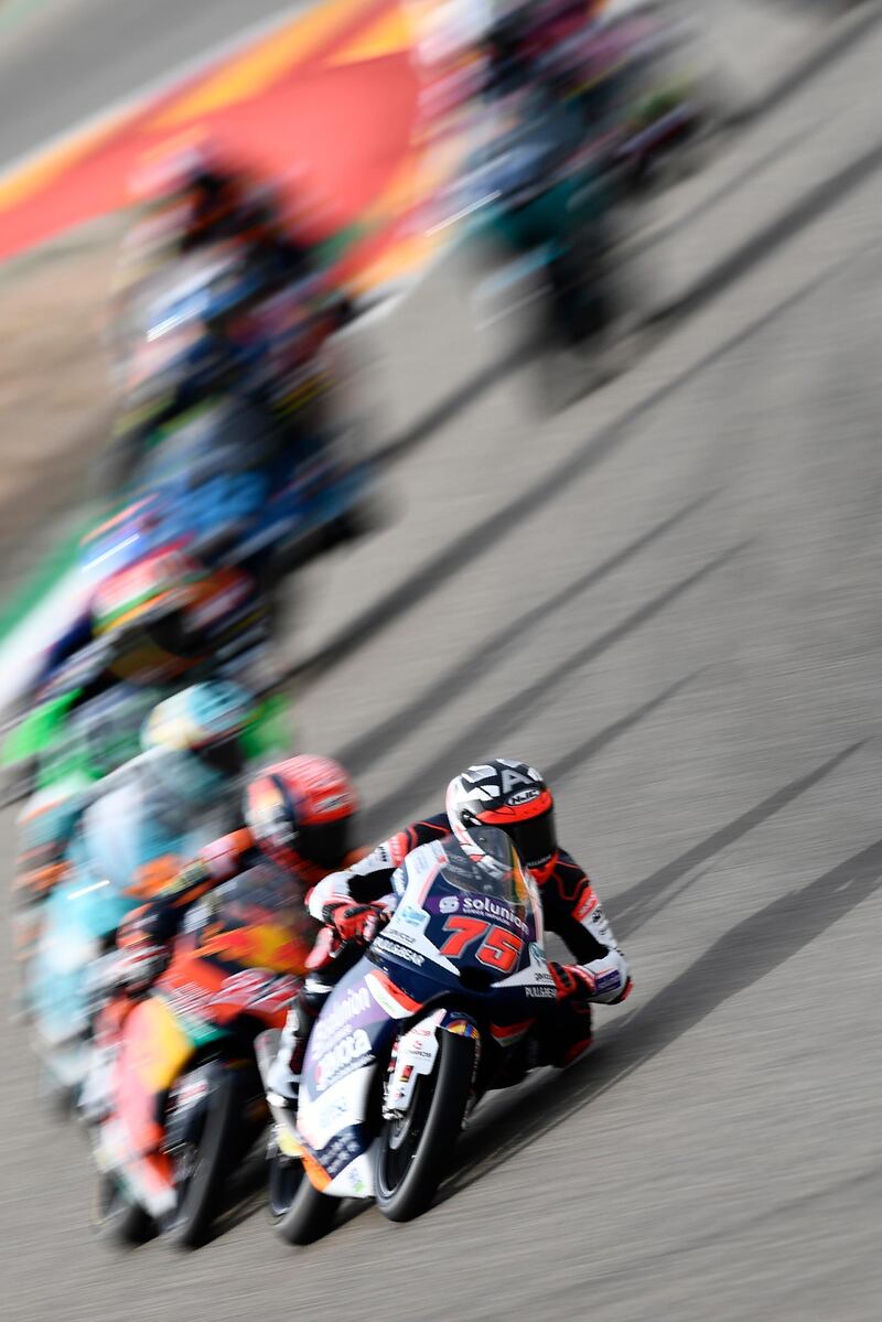 Spanish rider Albert Arenas leads the pack during the Moto3 race in the Teruel Grand Prix in Alcaniz, Spain, on Sunday, October 25. AP