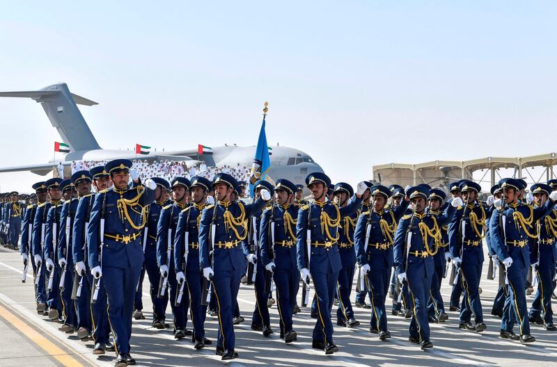 Graduating Air Cadet and Cadet Pilot officers take part in a military ceremony at Khalifa bin Zayed Air College in Al Ain on Monday. Wam