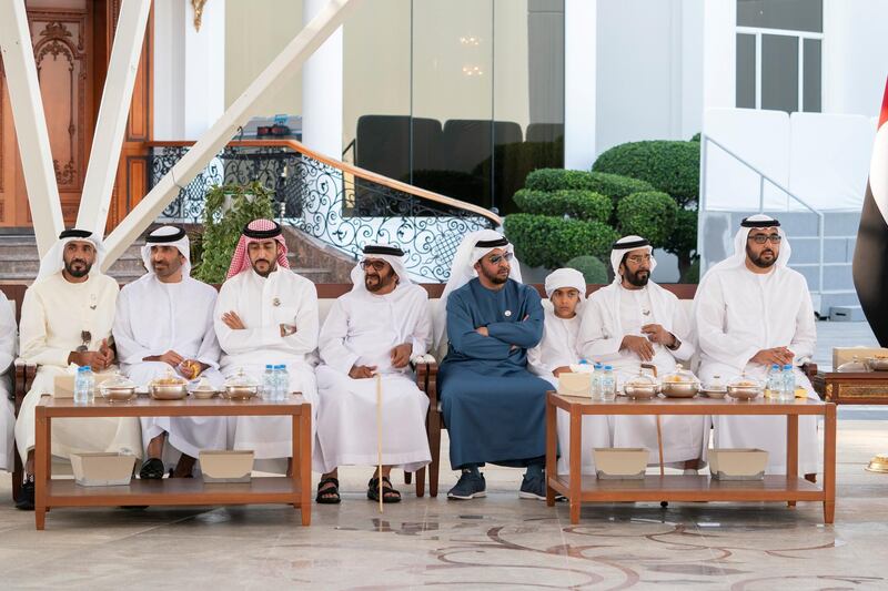 ABU DHABI, UNITED ARAB EMIRATES - February 24, 2020: (L-R) HH Sheikh Nahyan Bin Zayed Al Nahyan, Chairman of the Board of Trustees of Zayed bin Sultan Al Nahyan Charitable and Humanitarian Foundation, HH Sheikh Saeed bin Zayed Al Nahyan, Abu Dhabi Ruler's Representative, HH Sheikh Abdullah bin Rashid Al Mu'alla, Deputy Ruler of Umm Al Quwain, HH Sheikh Saif bin Mohamed Al Nahyan, HH Sheikh Hamdan bin Zayed Al Nahyan, Ruler’s Representative in Al Dhafra Region, HH Sheikh Tahnoon bin Mohamed Al Nahyan, HH Sheikh Tahnoon bin Mohamed Al Nahyan, Ruler's Representative in Al Ain Region and HH Sheikh Rashid bin Saud bin Rashid Al Mu'alla, Crown Prince of Umm Al Quwain, attend a Sea Palace barza.

( Mohamed Al Hammadi / Ministry of Presidential Affairs )
---