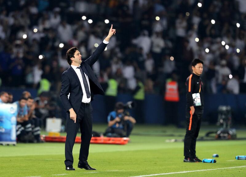 Abu Dhabi, United Arab Emirates - December 19, 2018: Real Madrid manager Santiago Solari during the game between Real Madrid and Kashima Antlers in the Fifa Club World Cup semi final. Wednesday the 19th of December 2018 at the Zayed Sports City Stadium, Abu Dhabi. Chris Whiteoak / The National