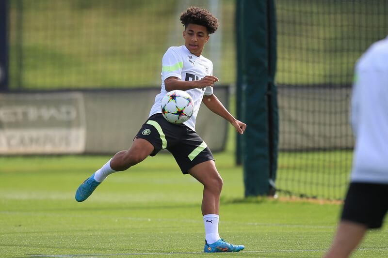 Manchester City's Rico Lewis at training. AFP