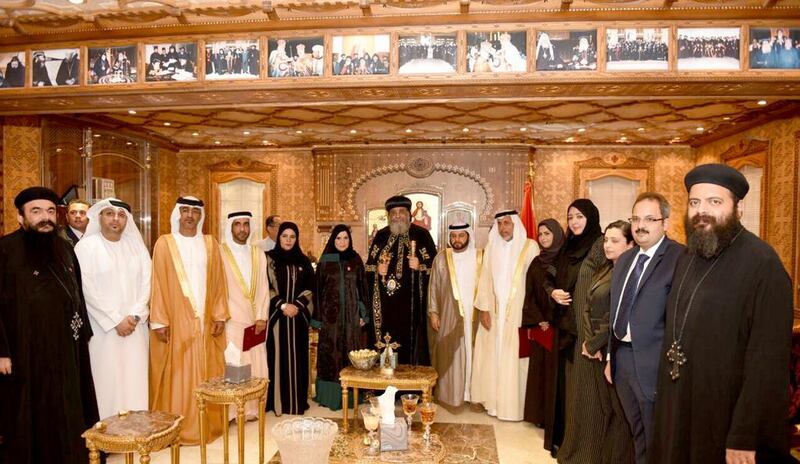 Pope Tawadros II, the Pope of Alexandria, receives Dr Amal Al Qubaisi, Speaker of Federal National Council (FNC), and her accompanying delegation at the St. Mark’s Coptic Orthodox Cathedral in Cairo. Wam