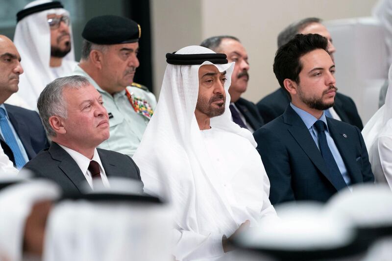 ABU DHABI, UNITED ARAB EMIRATES - May 22, 2019: (L-R) HM King Abdullah II, King of Jordan, HH Sheikh Mohamed bin Zayed Al Nahyan, Crown Prince of Abu Dhabi and Deputy Supreme Commander of the UAE Armed Forces and HRH Hussein bin Abdullah, Crown Prince of Jordan, attend a lecture by Prof. Bobby Gaspar, Professor of Paediatrics and Immunology (not shown) and Prof. Manju Kurian, UCL Professor of Neurogenetics (not shown), titled: ‘Changing the global face of children's medicine’, at Majlis Mohamed bin Zayed.

( Eissa Al Hammadi for the Ministry of Presidential Affairs )