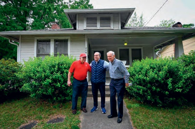 Mr Mansour with his old fraternity brothers James Boedicker and Clyde Bogle, at their old home in Raleigh during his visit to NC State University in 2022. NC State University