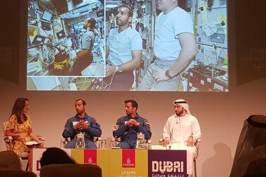 Second left to right: UAE Astronauts Hazzaa AlMansoori, Sultan AlNeyadi and Salem AlMarri from the Mohammed Bin Rashid Space Centre appear at the Emirates Airline Festival of Literature. Courtesy: Saeed Saeed