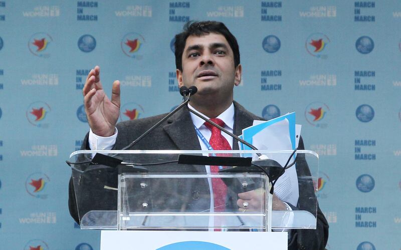 Ravi Karkara, Global Advisor at the the UN Entity for Gender Equality and the Empowerment of Women (UN Women), speaks at the kick-off event for the International Women's Day March for Gender Equality and Women's Rights, held in New York City, 08 March 2015. UN Photo/Devra Berkowitz
