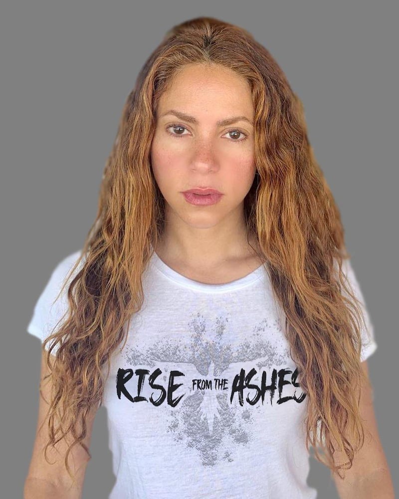 Colombian singer Shakira wearing Zuhair Murad's Rise from the Ashes T-shirt. Instagram / Shakira   