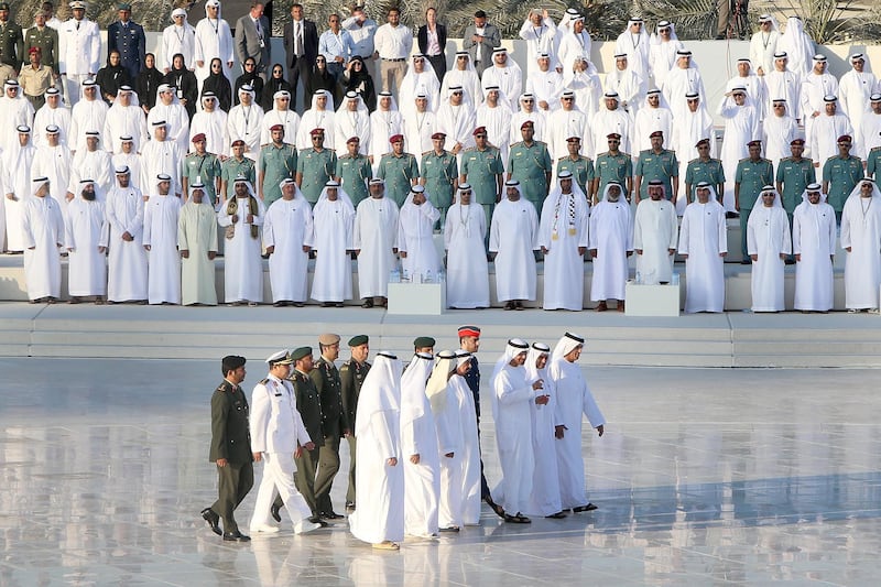 ABU DHABI, UNITED ARAB EMIRATES - - -  November 30, 2016 ---  The Rulers of the United Arab Emirates were among those who attended and celebrated Abu Dhabi's first Commemoration Day at the Wahat Al Karama memorial in Abu Dhabi on Wednesday, November 30, 2016, along with VIPs, and UAE residents and visitors.   ( DELORES JOHNSON / The National )  
ID: 53401
Reporter: Thamer
Section: NA *** Local Caption ***  DJ-301116-NA-Commemoration Day-53401-008.jpg