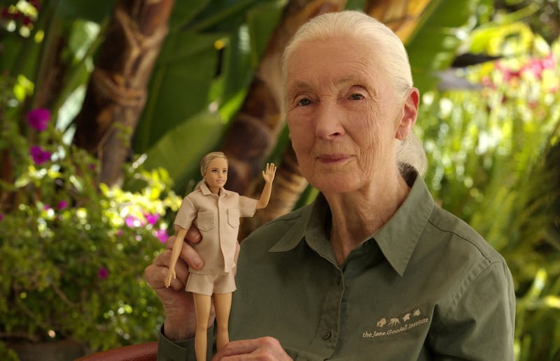 Goodall posing with the new Jane Goodall Barbie doll in Los Angeles. Reuters