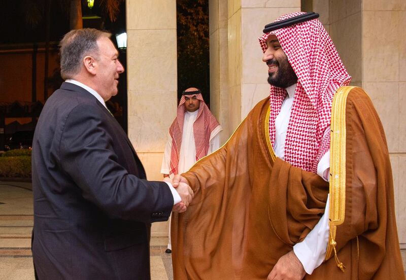 In this handout photo by the Saudi Roayal Palace, US Secretary of State Mike Pompeo (L) is greeted by Saudi Arabia's Crown Prince Mohammed bin Salman in Jeddah on September 18, 2019. Pompeo denounced strikes on Saudi Arabia's oil infrastructure as an "act of war" on, as Riyadh unveiled new evidence it said showed the assault was "unquestionably" sponsored by arch-foe Iran. - RESTRICTED TO EDITORIAL USE - MANDATORY CREDIT "AFP PHOTO / SAUDI ROYAL PALACE / BANDAR AL-JALOUD" - NO MARKETING - NO ADVERTISING CAMPAIGNS - DISTRIBUTED AS A SERVICE TO CLIENTS
 / AFP / Saudi Royal Palace / BANDAR AL-JALOUD / RESTRICTED TO EDITORIAL USE - MANDATORY CREDIT "AFP PHOTO / SAUDI ROYAL PALACE / BANDAR AL-JALOUD" - NO MARKETING - NO ADVERTISING CAMPAIGNS - DISTRIBUTED AS A SERVICE TO CLIENTS
