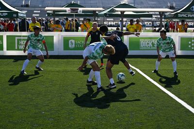 Indonesia and Sweden are in action during the 2023 Homeless World Cup in Sacramento last July. Getty Images