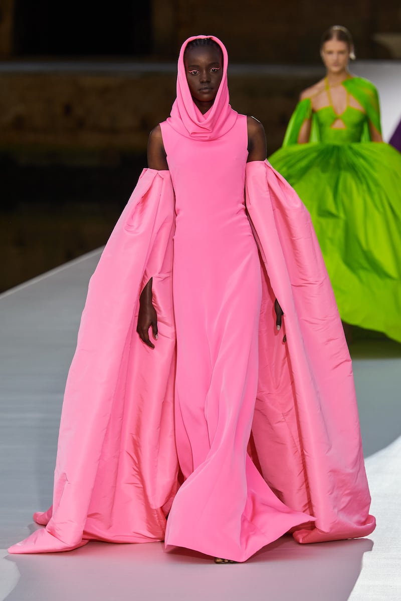 In bubblegum pink, the Valentino haute couture autumn 2021 collection offered a modern take on the sheath dress