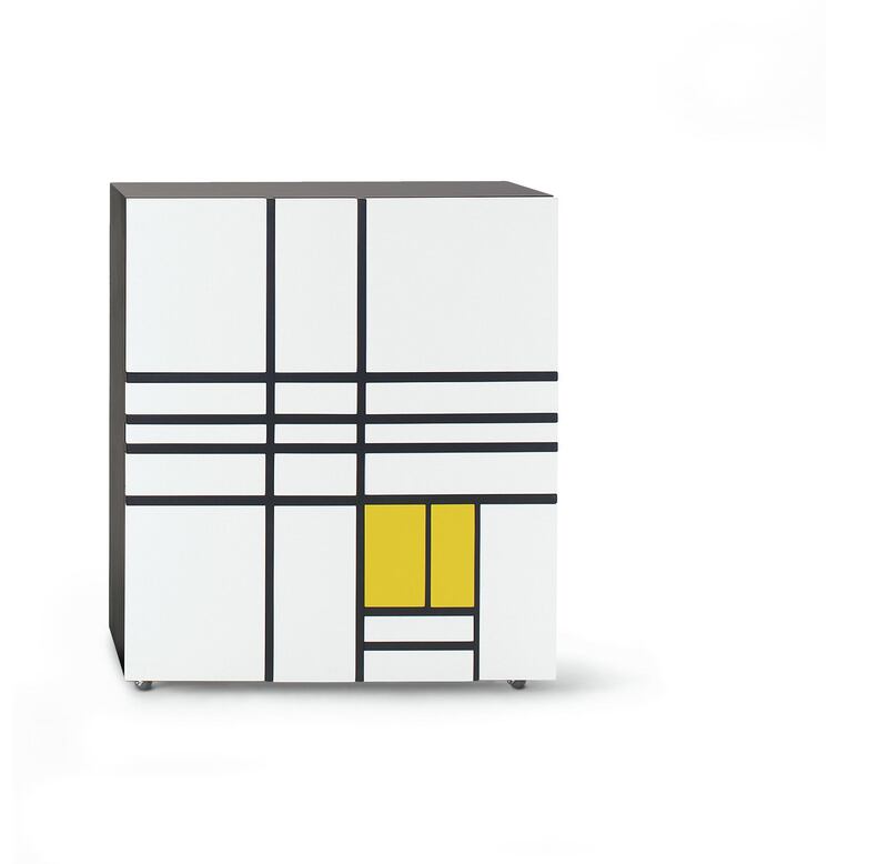 Cabinets with doors and drawers inspired by the most graphic masterpieces of Piet Mondrian. Both cabinets are matt lacquer in two stated coupling of black, white, blue red and yellow colours and comes on grey rubber castors. (Designer: Shiro Kuramata)