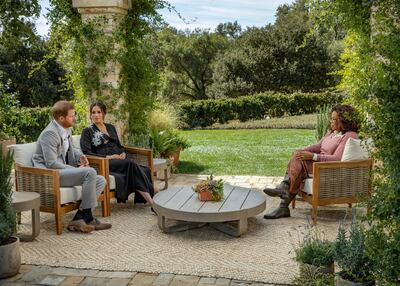 FILE PHOTO: Britain's Prince Harry and Meghan, Duchess of Sussex, are interviewed by Oprah Winfrey in this undated handout photo.  Harpo Productions/Joe Pugliese/Handout via REUTERS/File Photo