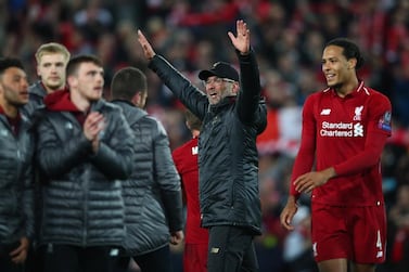 Liverpool manager Jurgen Klopp celebrates his sides victory in the Uefa Champions League semi-final against Barcelona at Anfield. Getty Images