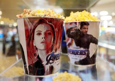 Popcorn buckets with Avengers images are seen during an early premiere of "The Avengers: Endgame" movie in La Paz, Bolivia, April 24, 2019. REUTERS/David Mercado NO RESALES. NO ARCHIVES