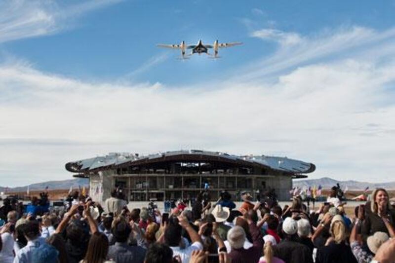 Stephen Attenborough, a director at Virgin Galactic, says Abu Dhabi could be the location for the company’s first non-US spaceport. Above, the Virgin WhiteKnightTwo performs a flyover during an event commemorating the completion of the spaceport runway in New Mexico.