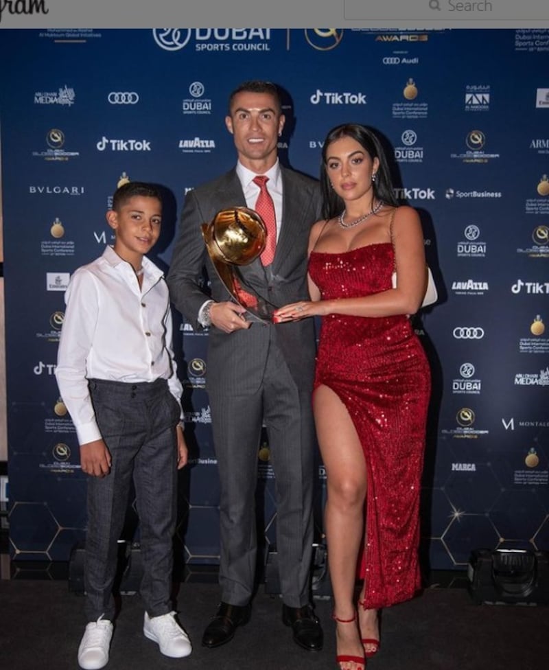 Portuguese football star, Cristiano Ronaldo celebrated winning Player of the Century at the Dubai Globe Soccer Awards, held at the Burj Khalifa. He brought along his girlfriend, Georgina Rodriguez and son, Cristiano Junior. Instagram