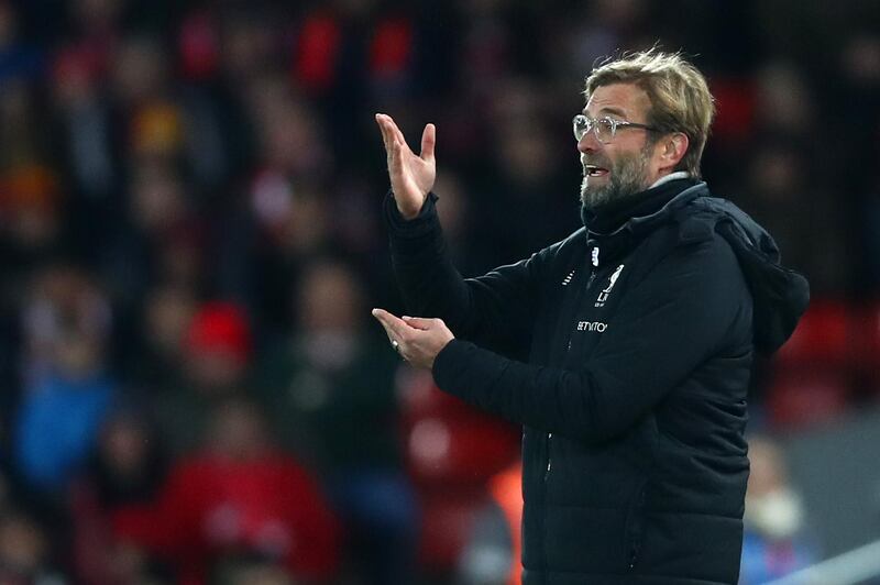 LIVERPOOL, ENGLAND - DECEMBER 13: Jurgen Klopp, Manager of Liverpool gives his team instructions during the Premier League match between Liverpool and West Bromwich Albion at Anfield on December 13, 2017 in Liverpool, England.  (Photo by Clive Brunskill/Getty Images)