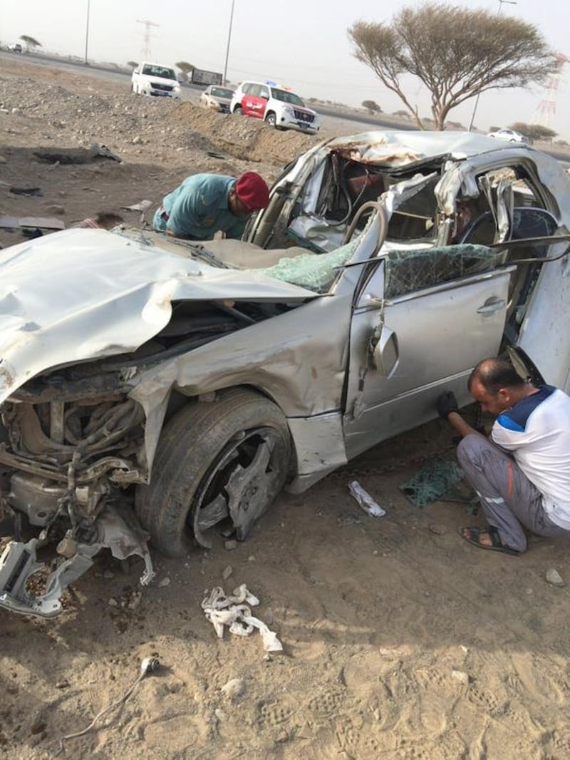 Two men died and a third sustained serious injuries when their vehicle collided with four camels on a road in Ras Al Khaimah. Courtesy RAK Police
