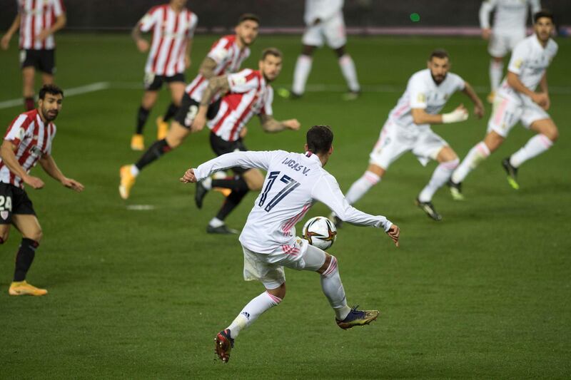 Real Madrid forward Lucas Vazquez controls the ball  during the Spanish Super Cup semi final. AFP