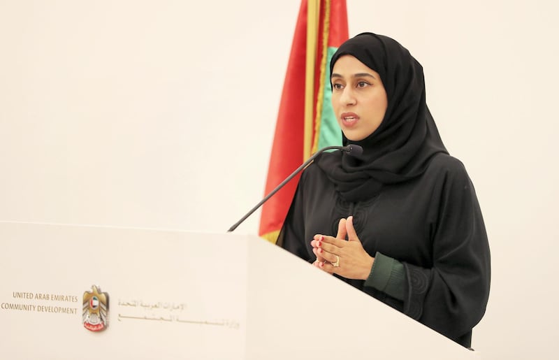 DUBAI, UNITED ARAB EMIRATES , Dec 16– 2019 :- Hessa Bint Essa Buhumaid , Minister of Community Development speaking during the media briefing about the Family Protection Policy at the Palazzo Versace Hotel in Dubai. ( Pawan Singh / The National )  For News. Story by Patrick