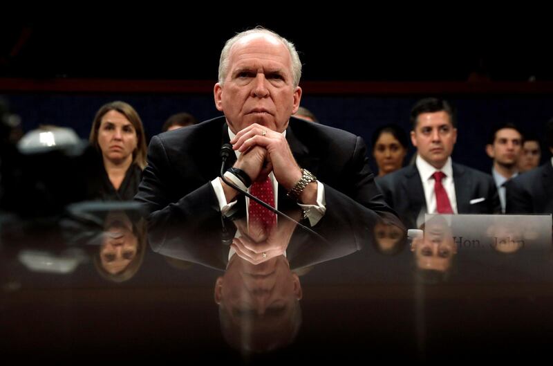 FILE PHOTO:    Former CIA director John Brennan testifies before the House Intelligence Committee to take questions on “Russian active measures during the 2016 election campaign” in the U.S. Capitol in Washington, U.S., May 23, 2017. REUTERS/Kevin Lamarque/File Photo