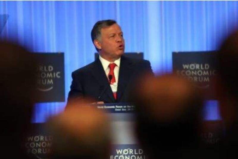 King Abdullah of Jordan opens the 2013 World Economic Forum on the Middle East and North Africa at the Dead Sea yesterday. Salah Malkawi for The National