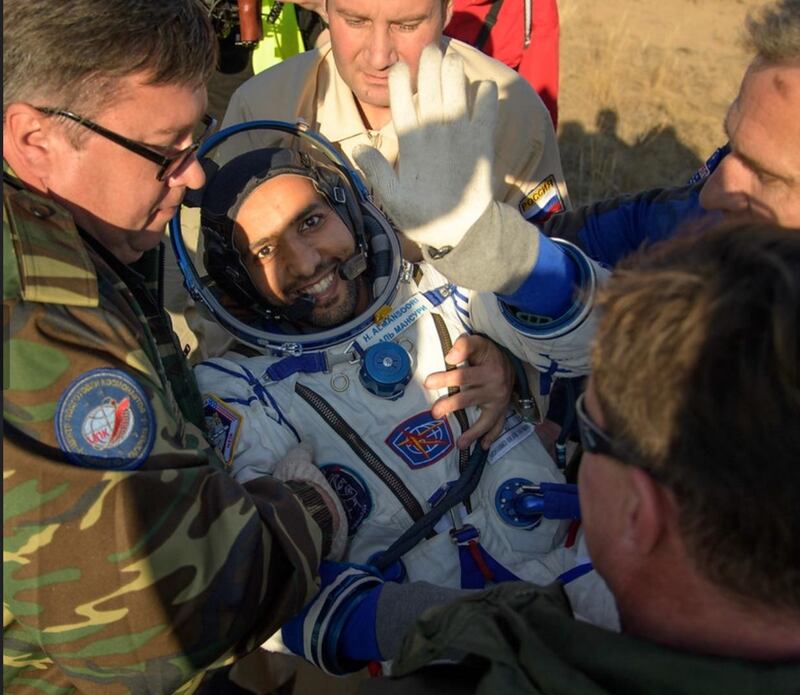 Hazza Al Mansouri, shortly after arriving back on Earth. MBRSC