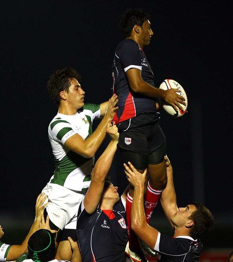 Dubai, United Arab Emirates-March, 23, 2013; Dubai College and Jumeriah College U-18  teams in action during the  UAE Schools Rugby Finals at the Sevens Grounds  in Dubai .  (  Satish Kumar / The National ) For Sports